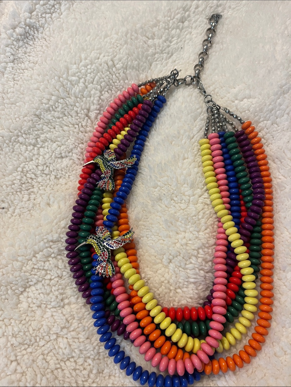 Multicolor Beaded Statement Necklace with Hummingbird Accents